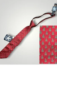 Boy's Red Christmas tree adjustable necktie J Khaki Holiday 100% Silk New - Picture 1 of 6