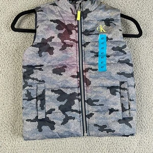 Calvin Klein Puffer Vest Youth Boys 4T Full Zip Camo Gray Burgundy Jacket Lined - Picture 1 of 18