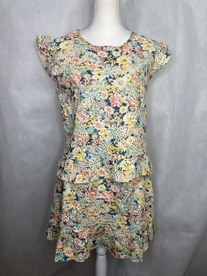 Conjunto Top y Falda Solitario Gris Multicolor Tropical Estampado Floral Ojales Talla XL Foto 1 de 4