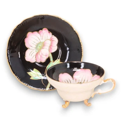 Royal Sealy Black with Pink Flower Footed Tea Cup Saucer Set Japan Vintage - Image 1 of 4