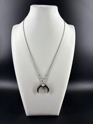 Silver Tone Crescent Moon Glass Opalite Rhinestone 20” Celestial Necklace - Image 1 of 4