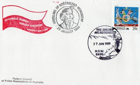 Polonica -Australia-1989 Kosciuszko Monument plus Mt Kosciusko Postmark Cover