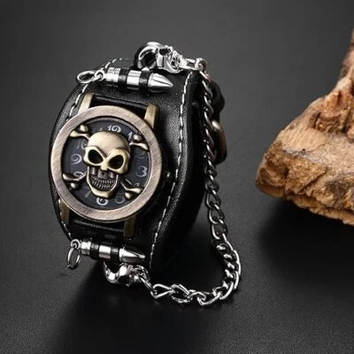 Men's Punk Style Black Wide Leather Watch Gothic Skull Bullet Chain Wristwatch - Image 1 of 4