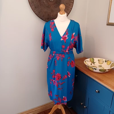 Phase Eight Bright Blue Pink Floral Print Dress 10 Tie Belt Pockets Occasion - Image 1 of 4