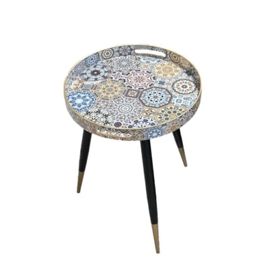 Vintage Mosaic  Accent Table – Multi-Pattern Round Tray with Gold-Tipped Legs - Image 1 of 4