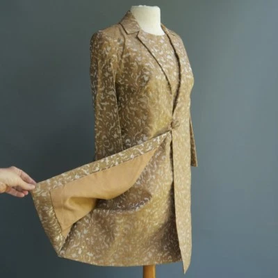 VTG 60s 70s All in One 1pc Coat and Dress Gold Beige Silver Brocade Jackie Oh L - Image 1 of 4