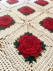 Vintage Crochet Afghan Blanket 3D Rose Throw Handmade Granny Square Red 74 x 50 - Picture 1 of 17
