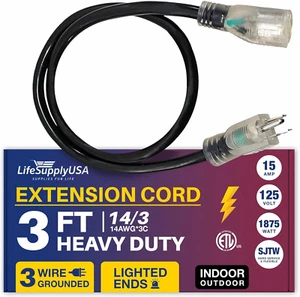 3 Ft Power Extension Cord Outdoor & Indoor Heavy Duty 14 Gauge/3 Prong SJTW (Bl - Picture 1 of 12
