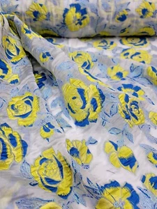 Fabric Sold By Yard White Organza Silk Yellow Floral Royal Blue Brocade Dress  - Picture 1 of 10