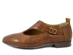 Ballerine Scarpe Donna in Pelle Marrone Cuoio con Cinturino Made in Italy - Imagen 1 de 4