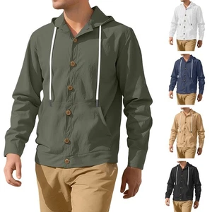 Mens Long Sleeve Linen Hooded Shirt Vintage Style Loose Casual Button Cardigan - Picture 1 of 49