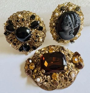 Lote (3) broche prendedor camafeo y cabujón vintage filigrana ALEMANIA OCCIDENTAL - Imagen 1 de 12