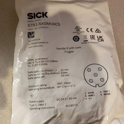 SICK- STR1-SASM0AC5 TRANSPONDER SAFETY SWITCH, RFID, CABLE 5-WIRE 3m, 24VDC - Image 1 of 2
