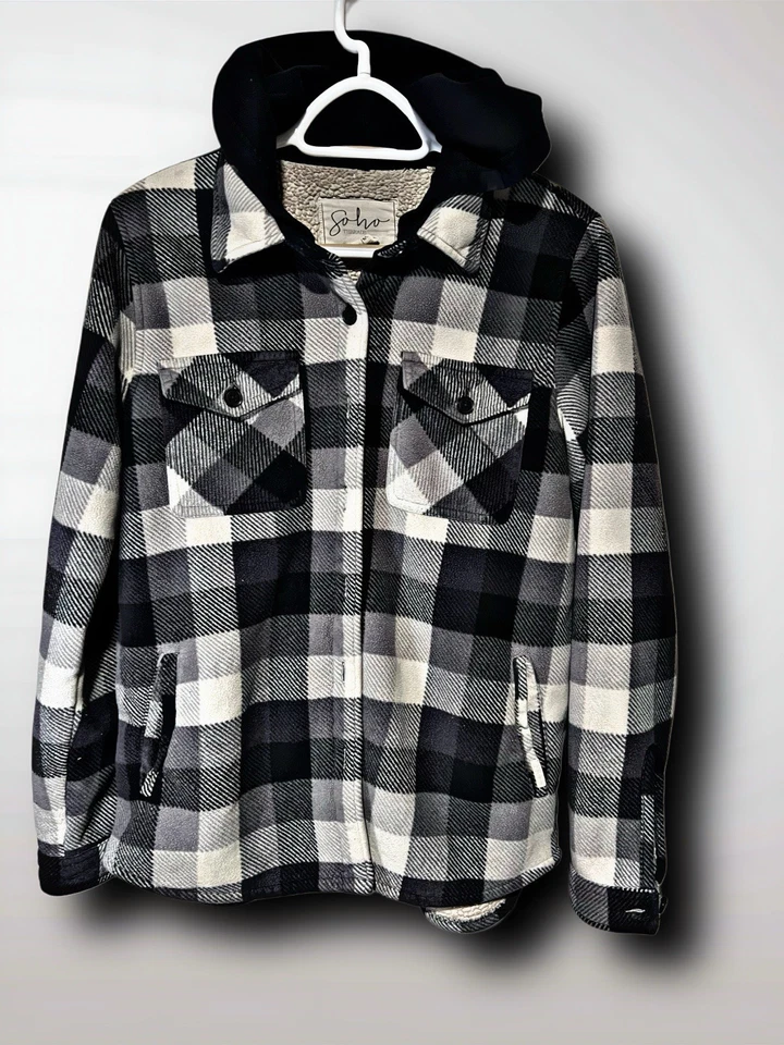 Soho Threads Sherpa Lined Hooded Plaid Flannel Jacket Shacket Black White - Image 1 of 3