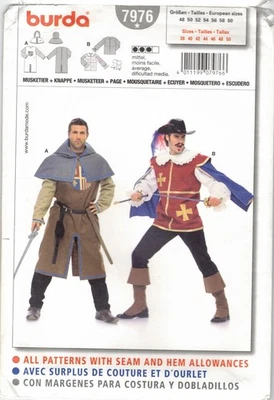 7976 Burda Men's Costume Pattern Musketeer Medieval Renaissance  Size 38-50 - Image 1 of 2