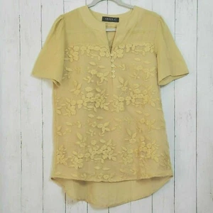 Gracila Blouse Embroidered Large Lime Green Floral Romantic Short Sleeve Hi Low - Picture 1 of 6