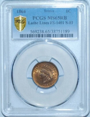 1864 PCGS MS65RB Red Brown FS-1401 S-11 Lathe Lines Indian Cent - Image 1 of 3