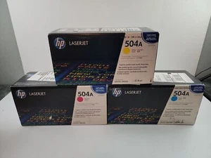 SEALED OEM HP 504A Yellow, Cyan, Magenta LaserJet Toner, CE251A, CE252A, CE254 - Picture 1 of 4