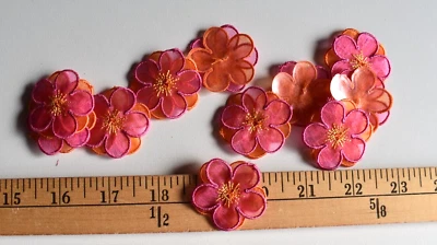 EMBROIDERED IRON ON ORGANZA FLOWERS FUSHCIA ORANGE YELLOW 1 1/2" ROUND X 12  PCS - Image 1 of 2