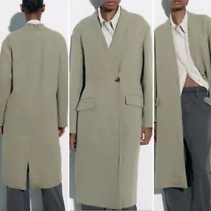 ZARA Women's Linen Long Heavy Coat Green Lagen Look Minimalist Quiet Luxury NEW - Picture 1 of 10