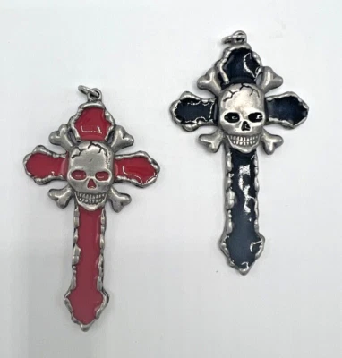 Set - 2 SKULL & BONES CROSS 3 inch Pewter Pendents RED & BLACK Goth Metal Punk - Image 1 of 4