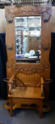 Antique HALL TREE BENCH. Oak.Mirror,Double Hooks,Serpent,Bird, + Floral Carvings - Image 1 of 4