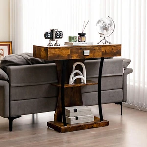 T-Shaped Modern Foyer Accent Table with Drawer & Open Shelf Rustic Brown - Picture 1 of 10