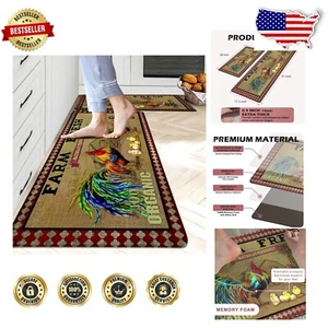 Set of 2 Waterproof Rooster Kitchen Rugs - Stain Resistant & Easy to Clean - Picture 1 of 9
