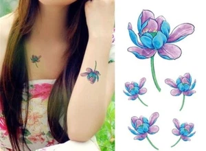Flash Una Único Pegamento Temporal Tatuaje Loto Flor Azul Púrpura Fiesta Regalo Playa - Imagen 1 de 2