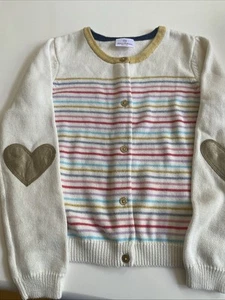 Hanna Anderson Girls Cardigan Sz 150cm Heart Elbows Patches Stripe Button Up - Picture 1 of 9