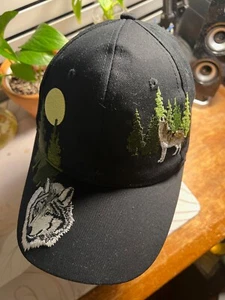 Embroidered_Wolf & Full Moon_Wolf Howling in Trees_Black_Hat_Cap_Adjustable_C00L - Picture 1 of 17