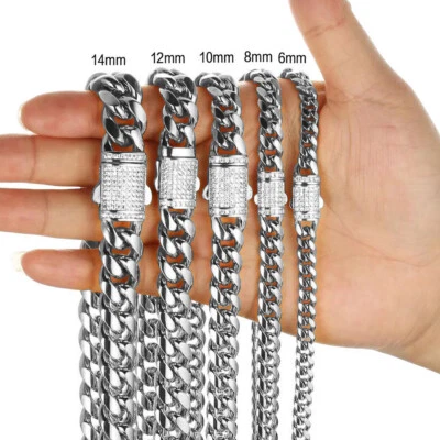 Collar o pulsera de acero inoxidable sólido cadena de eslabones cubanos Miami de 6 mm-14 mm para hombre Foto 1 de 4