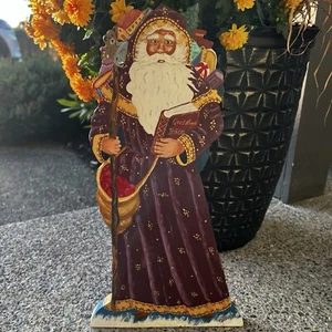 Vintage Weihnachten handbemalt stehender Weihnachtsmann Holz Volkskunst signiert 16 Zoll - Bild 1 von 9
