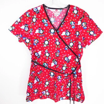 White Cross Women's Red Christmas Holiday Winter Penguin Scrub Top Size XS - Image 1 of 4