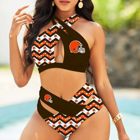 Cleveland Browns Women Crisscross Bikini Set High Waist Swimsuit Beach Swimwear Cover