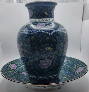 Vintage Andrea by Sadek Blue Pink Lotus Flower Chinese Porcelain Vase & Plate - Picture 1 of 13