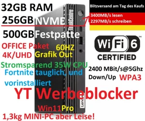 MiniPC Lenovo 4K UHD i5-10400T 6C/12T 32GB Ram 256GB+500GB Win11 Wifi6 OHNE YT W - Bild 1 von 22