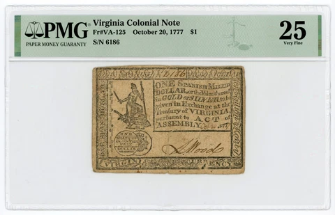(VA-125) Oct. 20, 1777 $1 VIRGINIA Colonial Currency Note - PMG VF 25 Cover