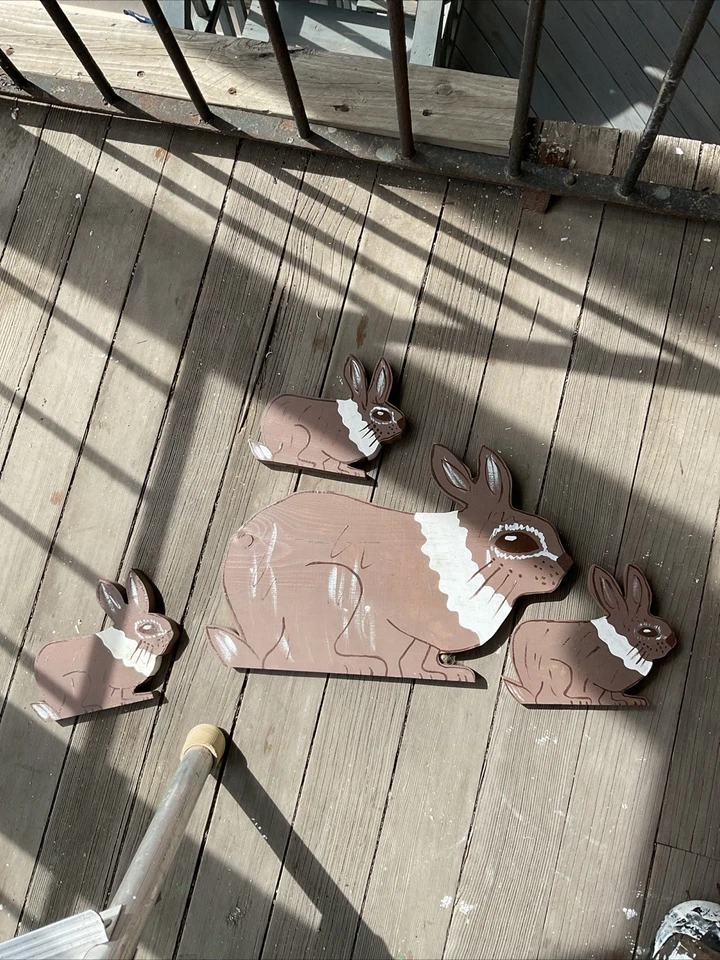 Bunnys Garden Stake Wood Folk Art Vtg Easter Yard Art Outdoor Lawn Animal Statue - Image 1 of 4