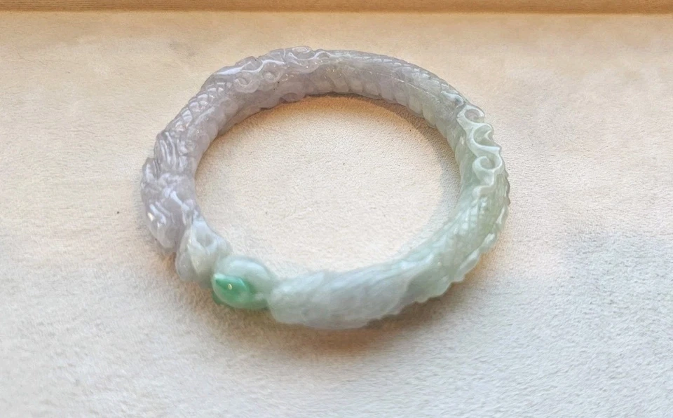Certified  Natural Burma Grade A Jadeite Jade Bangle Carved Icy Lavender 55 mm - Image 1 of 4