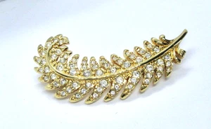 Super Sparkly Swarovski Swan Logo Gold Plated w Crystals Feather Brooch - 2" - Picture 1 of 4
