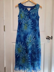 Vintage 90s Y2k Dress 10 Petite Blue Floral Chiffon Ruffle Classic Preppy Artsy - Picture 1 of 6