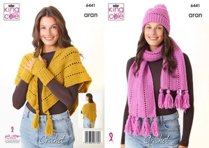 King Cole 6441 Crochet Pattern Womens Aran Shawl Gloves Hat & Scarf Accessories - Picture 1 of 4