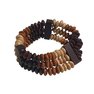 Pulsera elástica con cuentas de madera de tres hilos declaración multicolor tierra boho hecha a mano - Imagen 1 de 4
