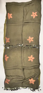 100% Silk Scarf Floral Rectangular 80 x 16.5" Double Sided Beaded Fringe Green - Picture 1 of 2