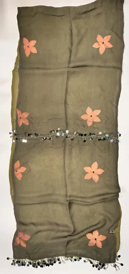 Bufanda 100% Seda Floral Rectangular 80 x 16.5" Doble Cara Cuentas Flecos Verde Foto 1 de 2