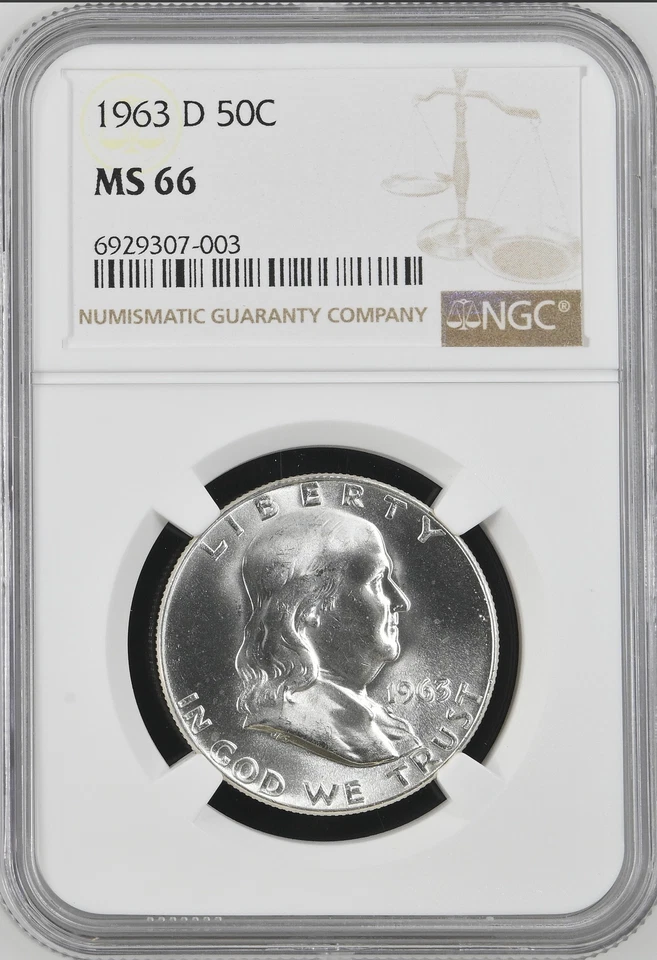 :1963-D 50C FRANKLIN HALF DOLLAR NGC MS-66 BLAST WHITE RARITY R5 HIGHEST GRADES - Image 1 of 2
