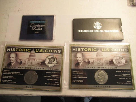 Lot of 5 Eisenhower Dollars, 2 1971 w/ coa+1974, 1976, 1978 carded w/ narratives Cover