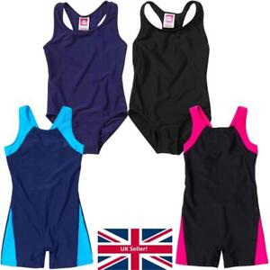 Girls School Sports Swimsuit Plain Black Navy Racer Back Lined 7-13yrs UK Seller