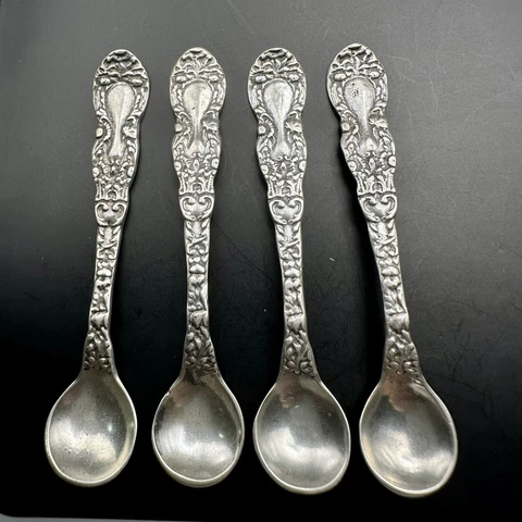 Sterling Silver Miniature Salt Cellar Spoon Rococo Repousse Floral Handle Set 4 Cover